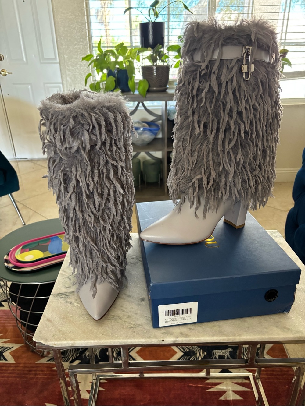 Women’s Gray Shaggy Fringe Mid Calf Boots (NWT)